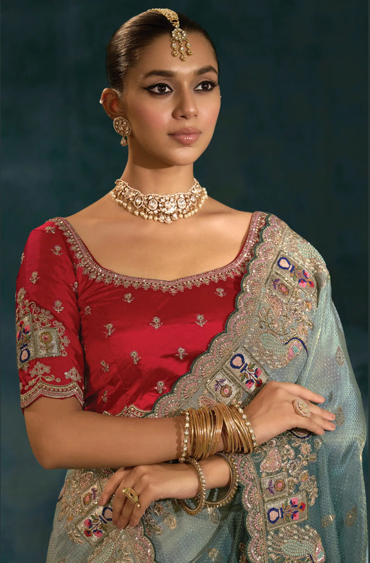 Shaded Grey Heavy Embroidery & Hand Work Silk Saree