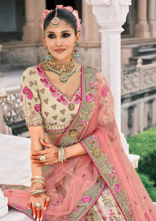 Beige Stunning Designer Embroidery Work Bridal Lehenga