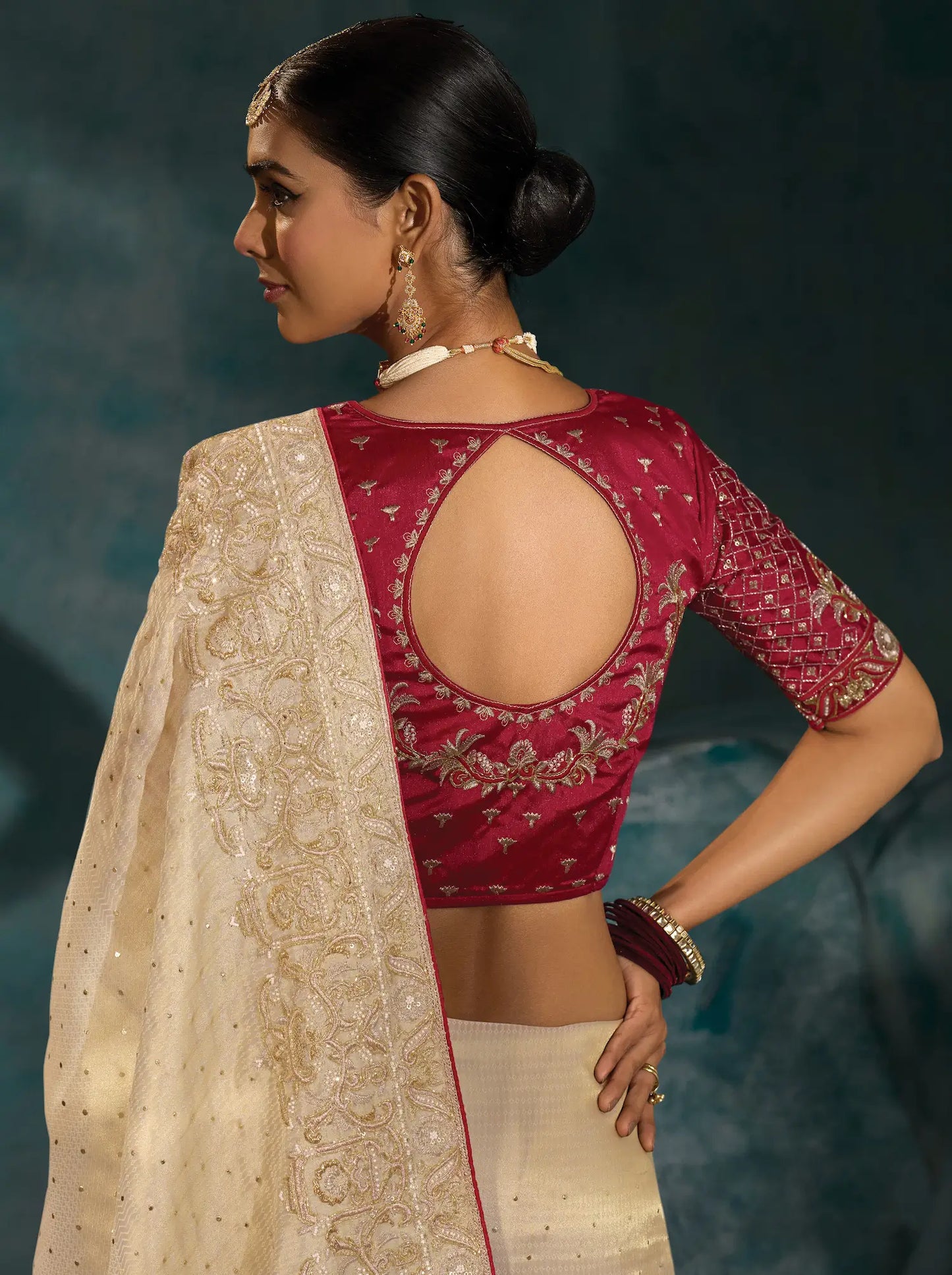 Beige Heavy Embroidery & Hand Work Silk Saree