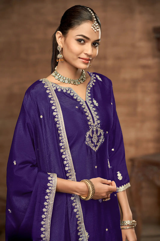Purple Chinon Palazzo Salwar Suit With Thread & Sequins Embroidery Work