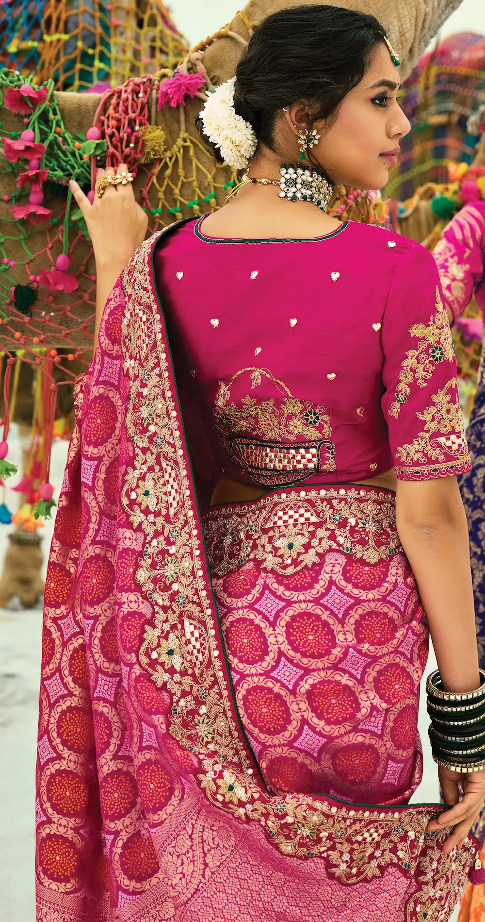 Red-Rani Pink Georgette Heavy Embroidered Bandhej Saree