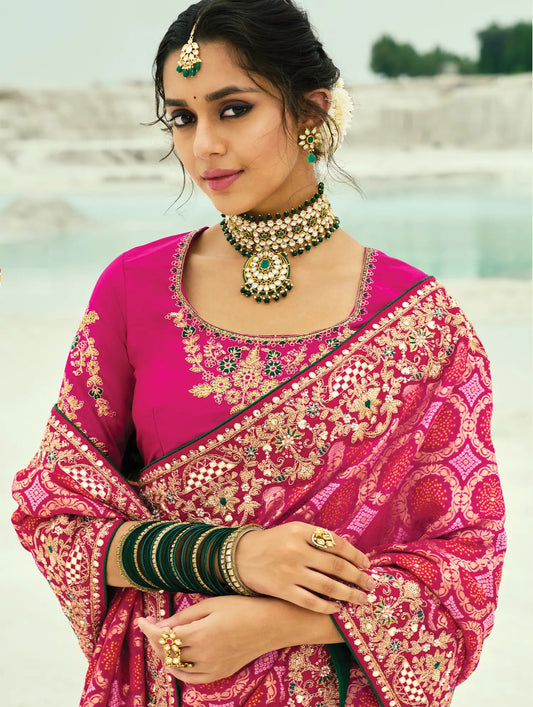 Red-Rani Pink Georgette Heavy Embroidered Bandhej Saree