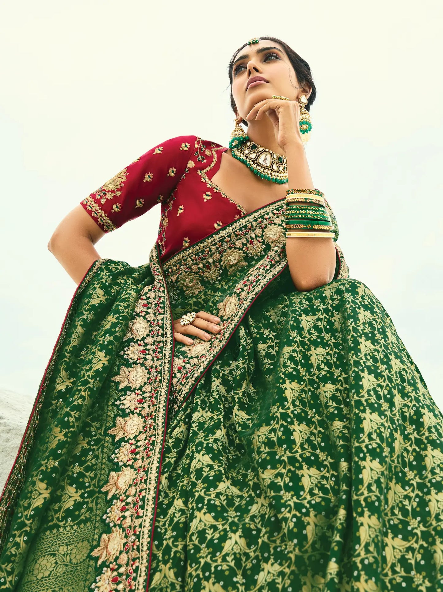 Dark Green Georgette Heavy Embroidered Bandhej Saree