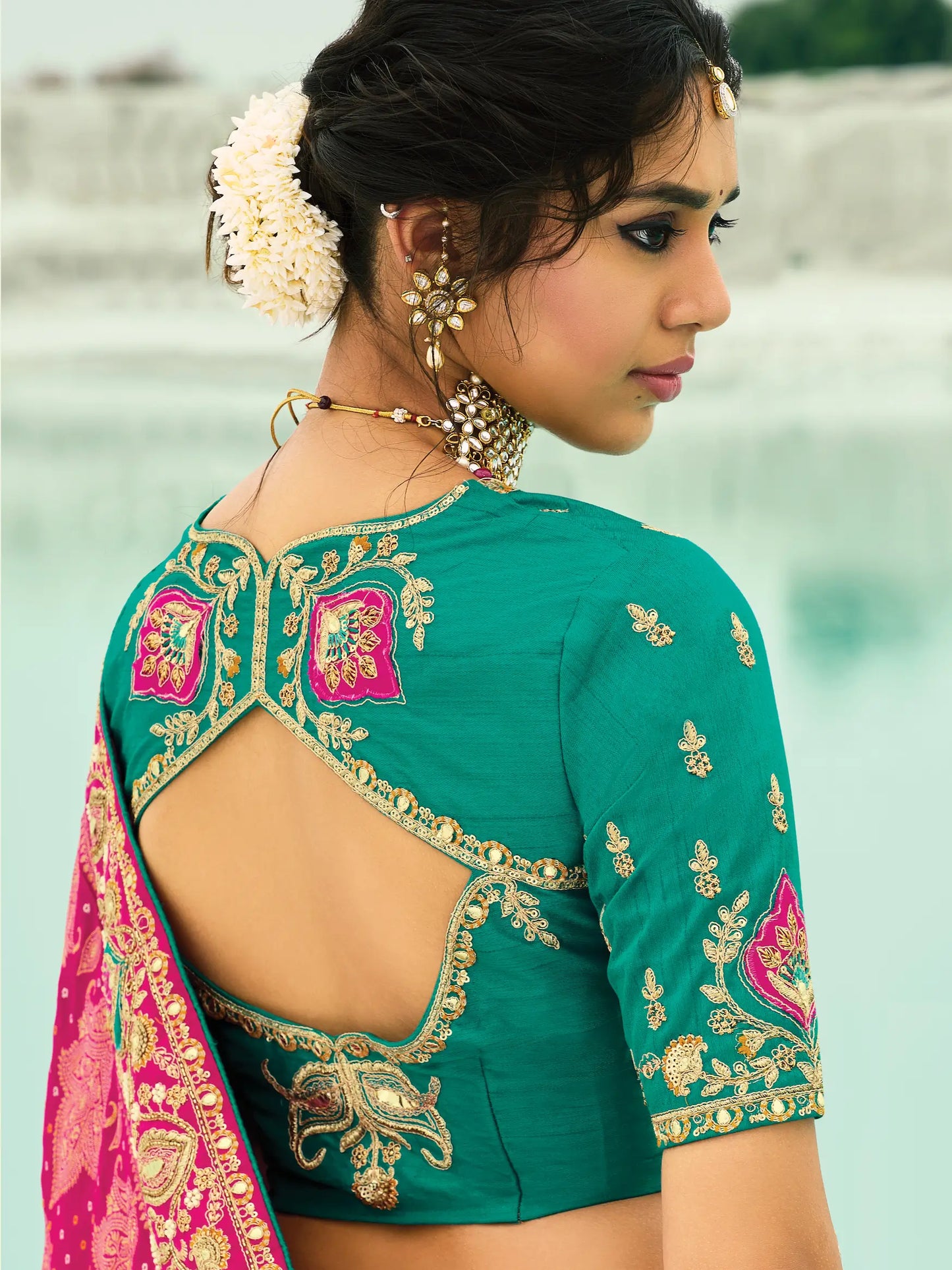 Rani Pink Georgette Heavy Embroidered Bandhej Saree