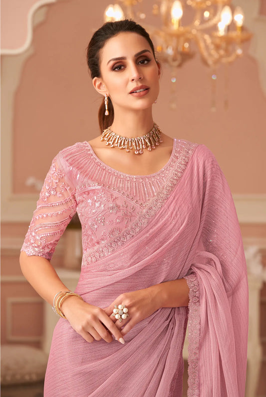 Light Pink Golden Pattern Georgette Thread & Sequins Embroidery Work Saree