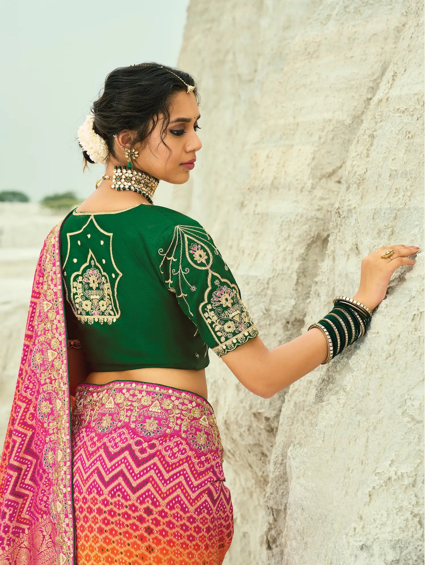 Orange-Rani pink Georgette Heavy Embroidered Bandhej Saree