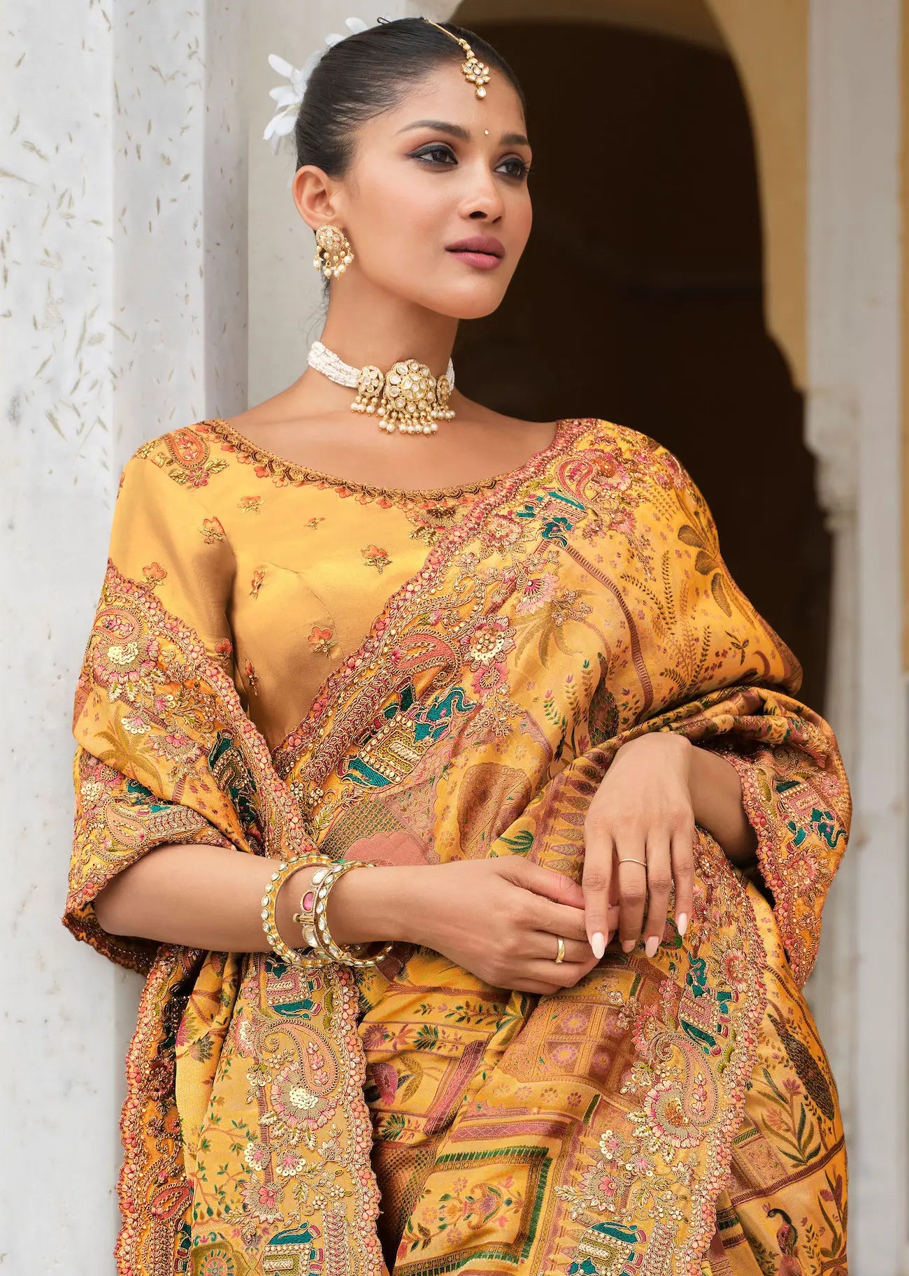 Mustard Yellow Heavy Embroidery Zari Silk Saree