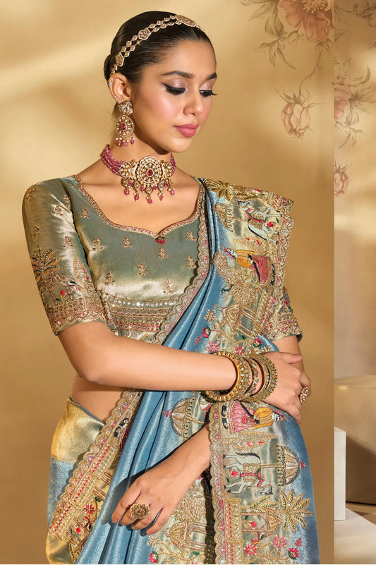 Teal Blue Silk Heavy Embroidery & Hand Work Saree