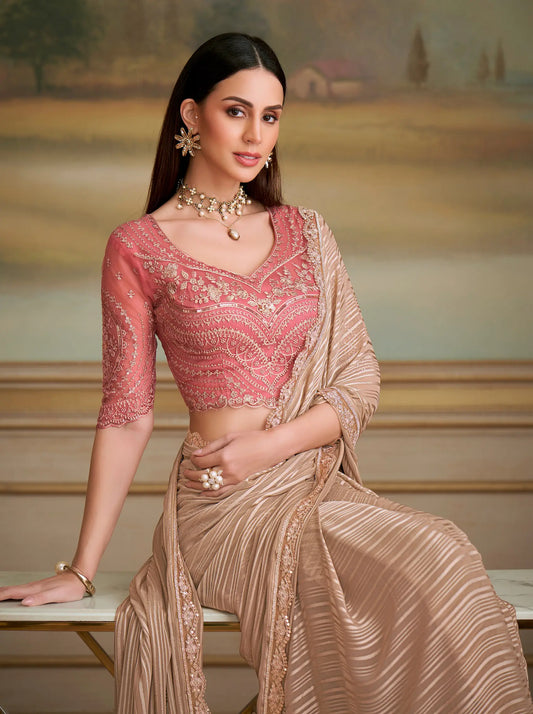 Dark Beige Pattern Georgette Embroidery Saree