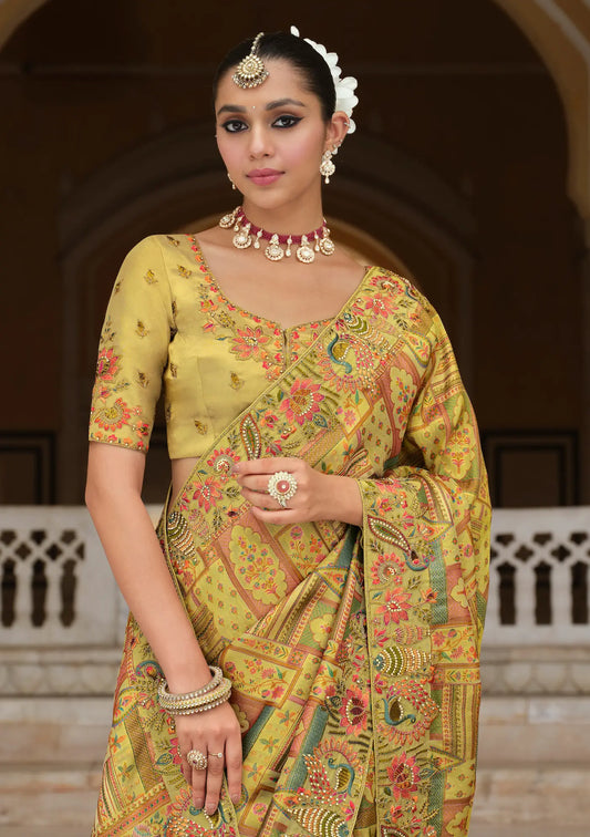 Ginger Yellow Heavy Embroidery Zari Silk Saree
