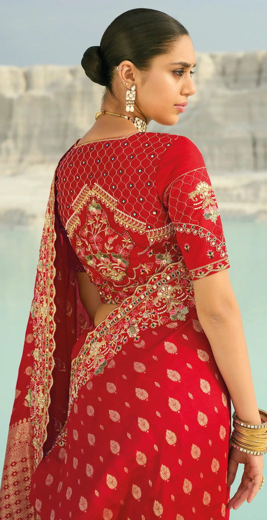 Hot Red Dola Silk Heavy Embroidery Saree