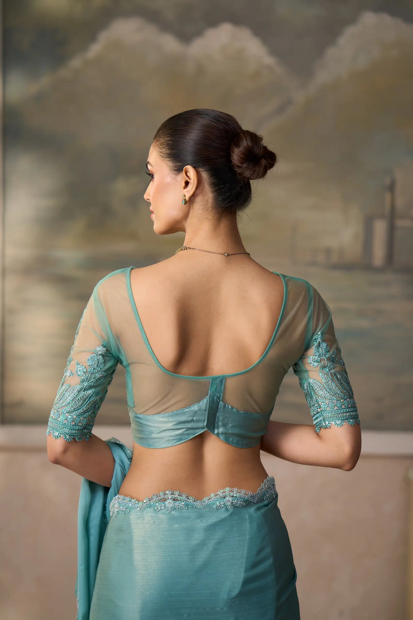 Sea Green Chiffon Embroidery Border Saree