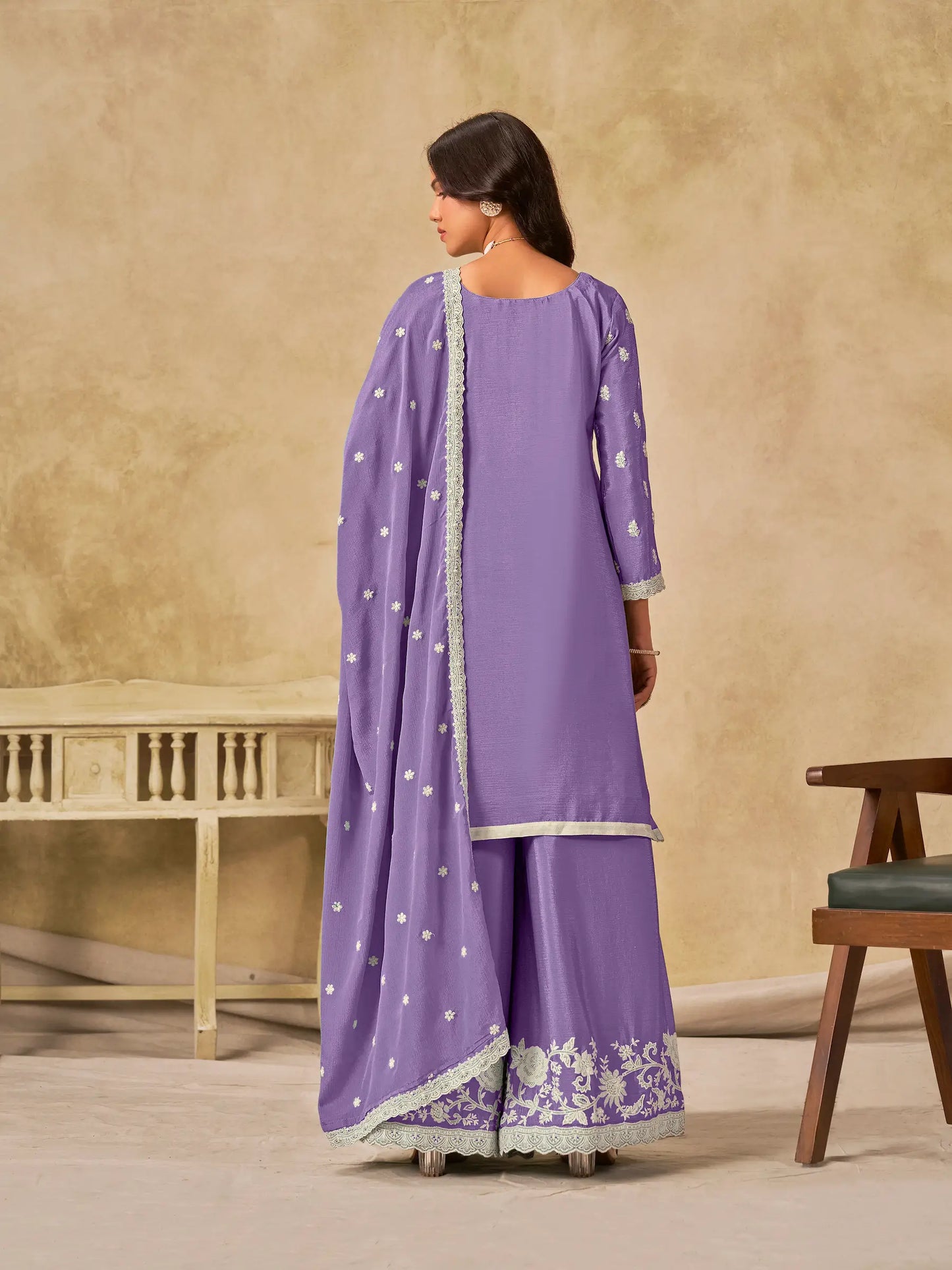 Lavender Chinon Embroidery Work Palazzo Suit