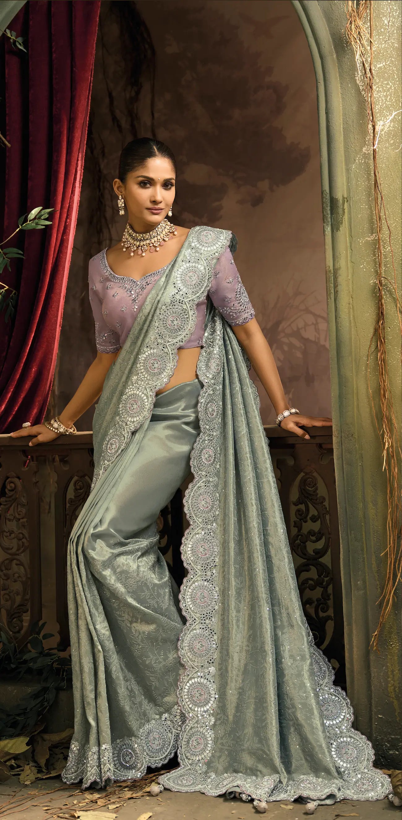 Smoky Grey Silk Heavy Embroidery Saree