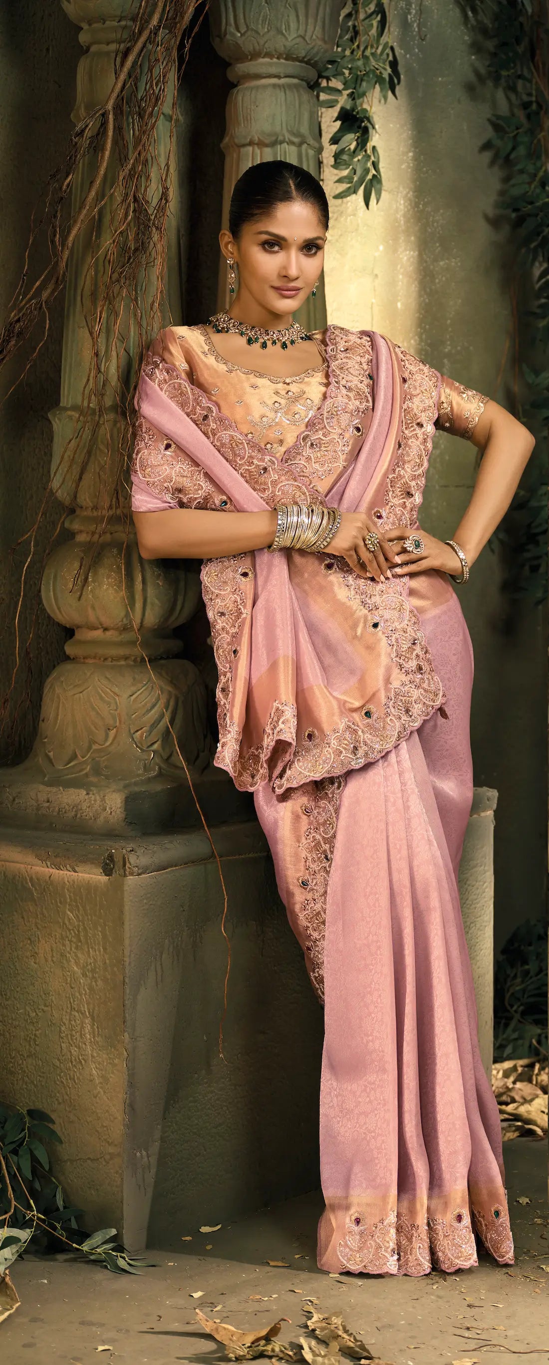 Rose Pink Silk Heavy Embroidery Saree