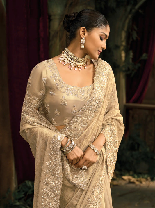 Ivory Gold Silk Heavy Embroidery Saree