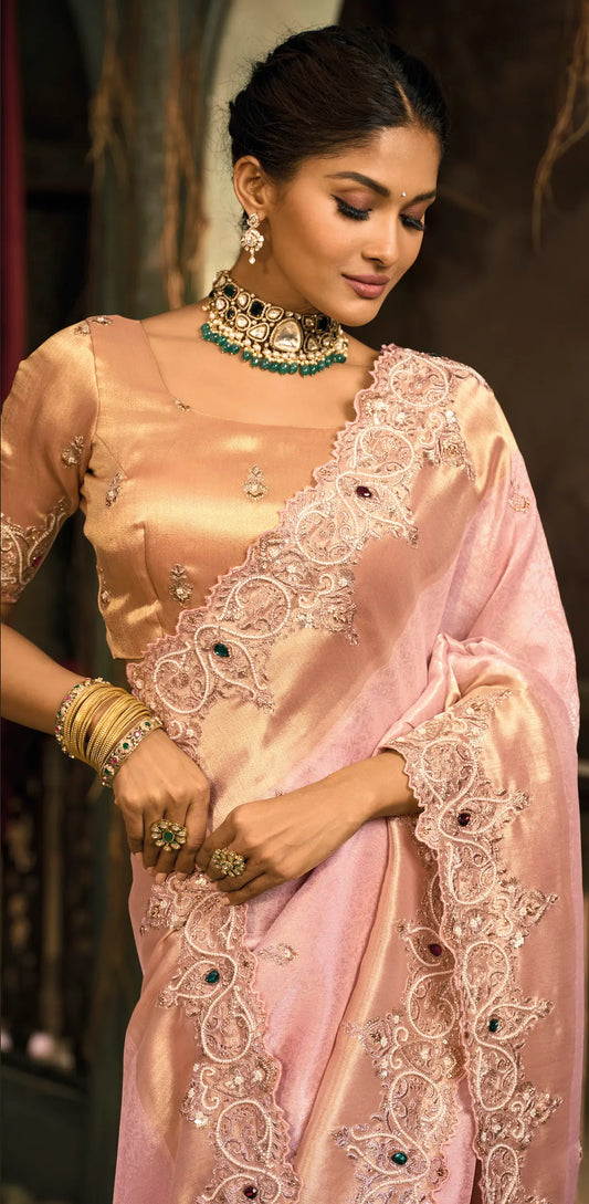 Soft Pink Silk Heavy Embroidery Saree