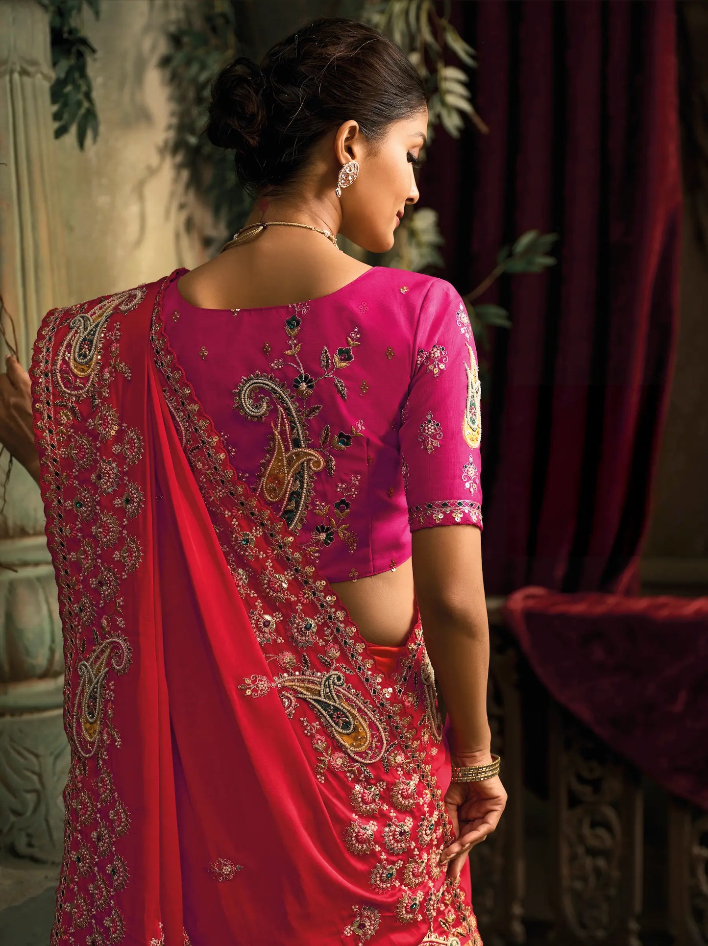 Rani Pink Silk Heavy Embroidery Saree