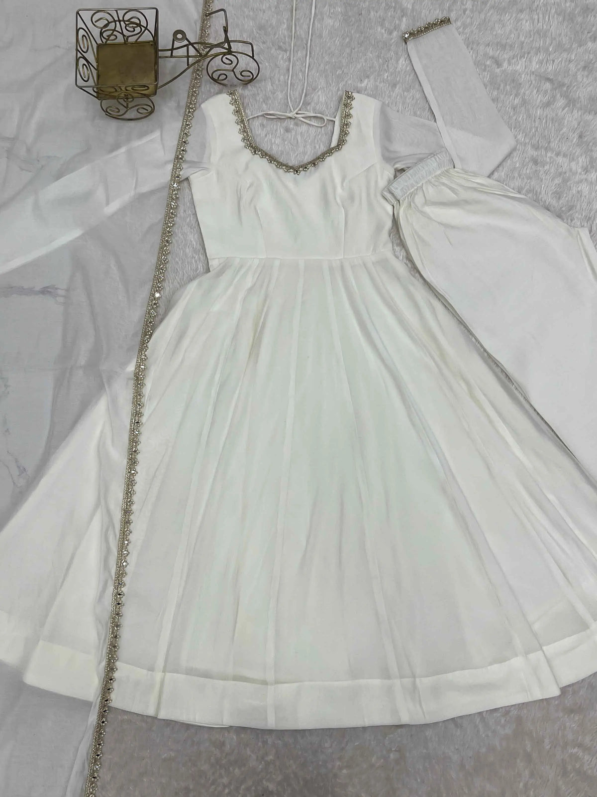 Designer White Mal Chanderi Anarkali Gown