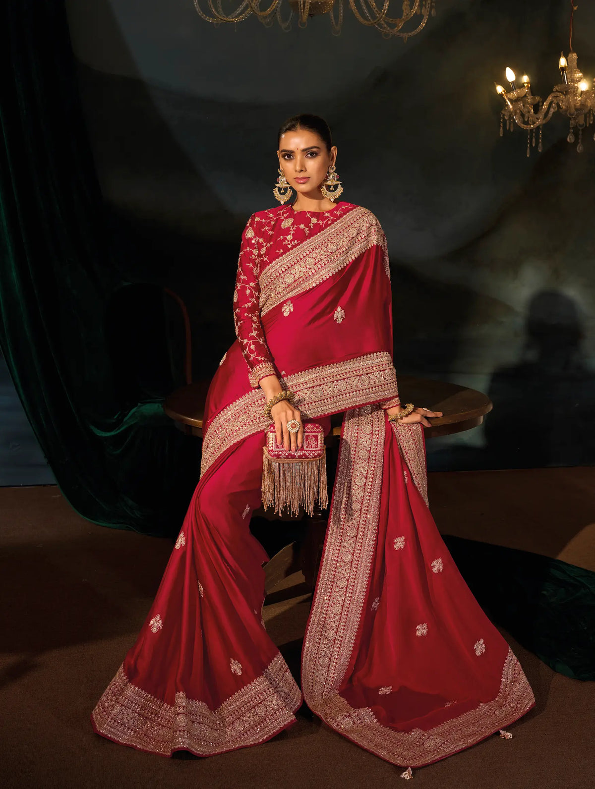 Rose Red Satin Heavy Embroidery Saree