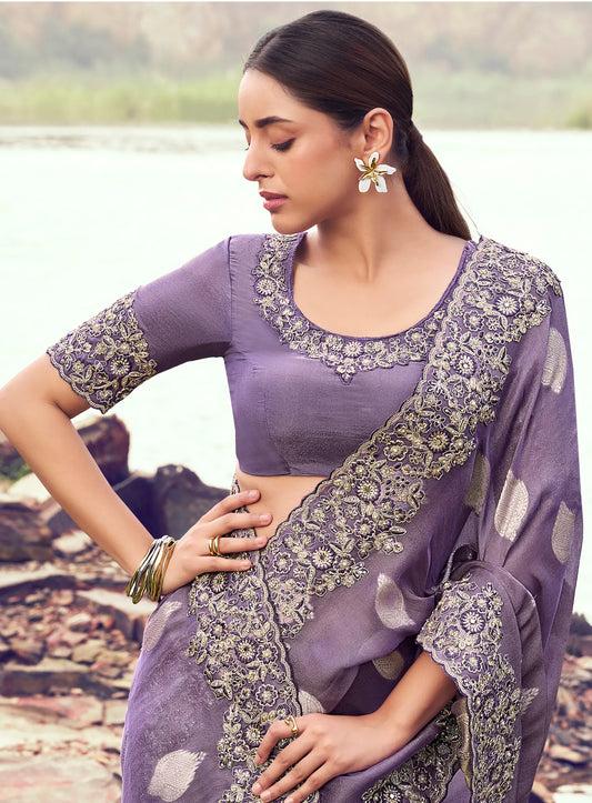 Dark Lilac Silk Heavy Embroidery & Hand Work Saree