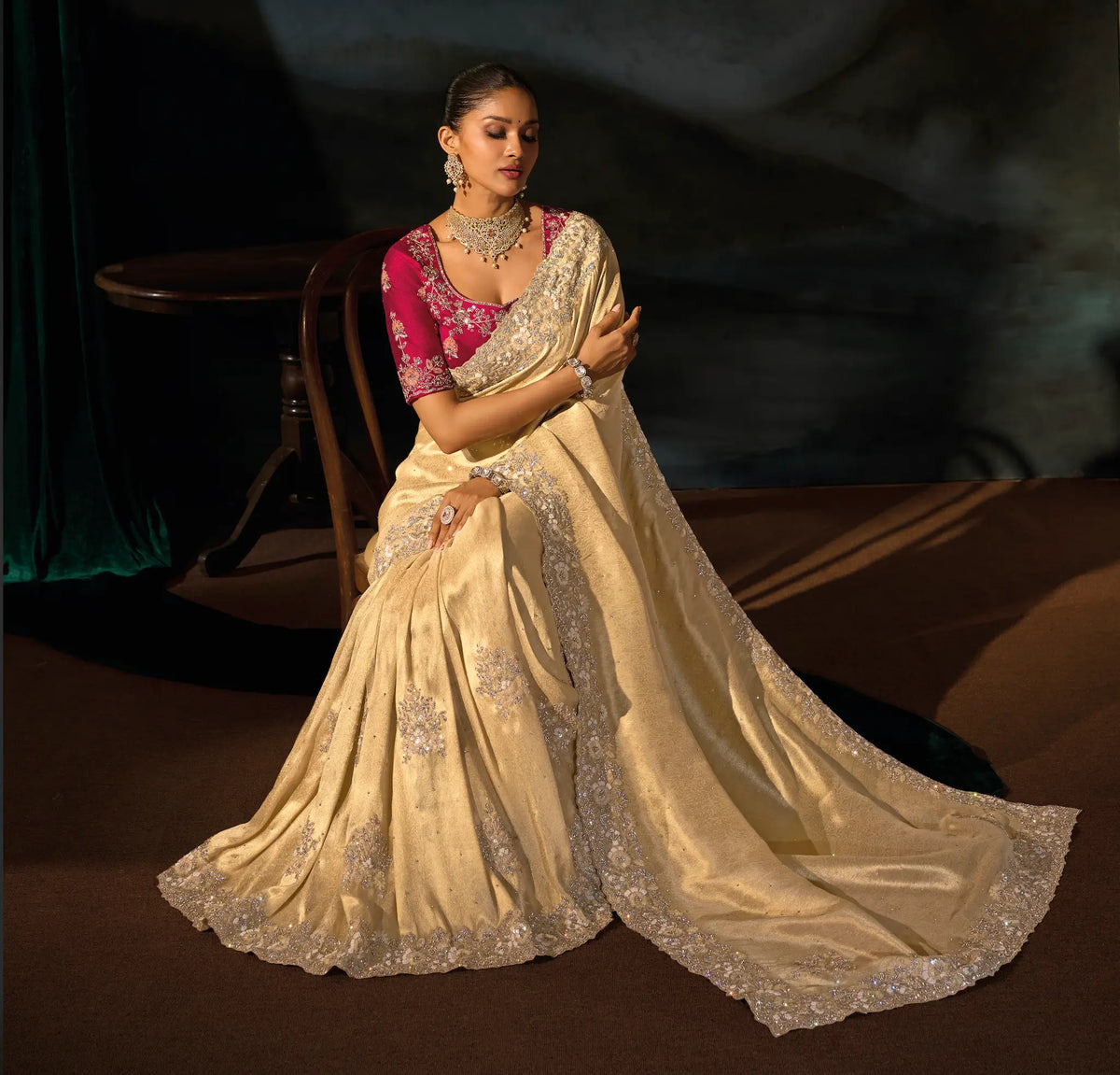 Shiny Beige Silk Heavy Embroidery Saree
