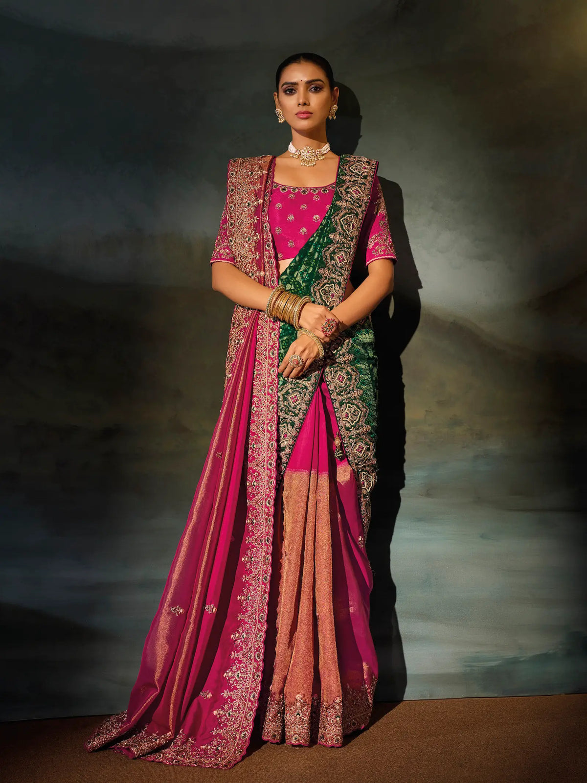 Rani Pink Silk Heavy Embroidery Saree With Dupatta