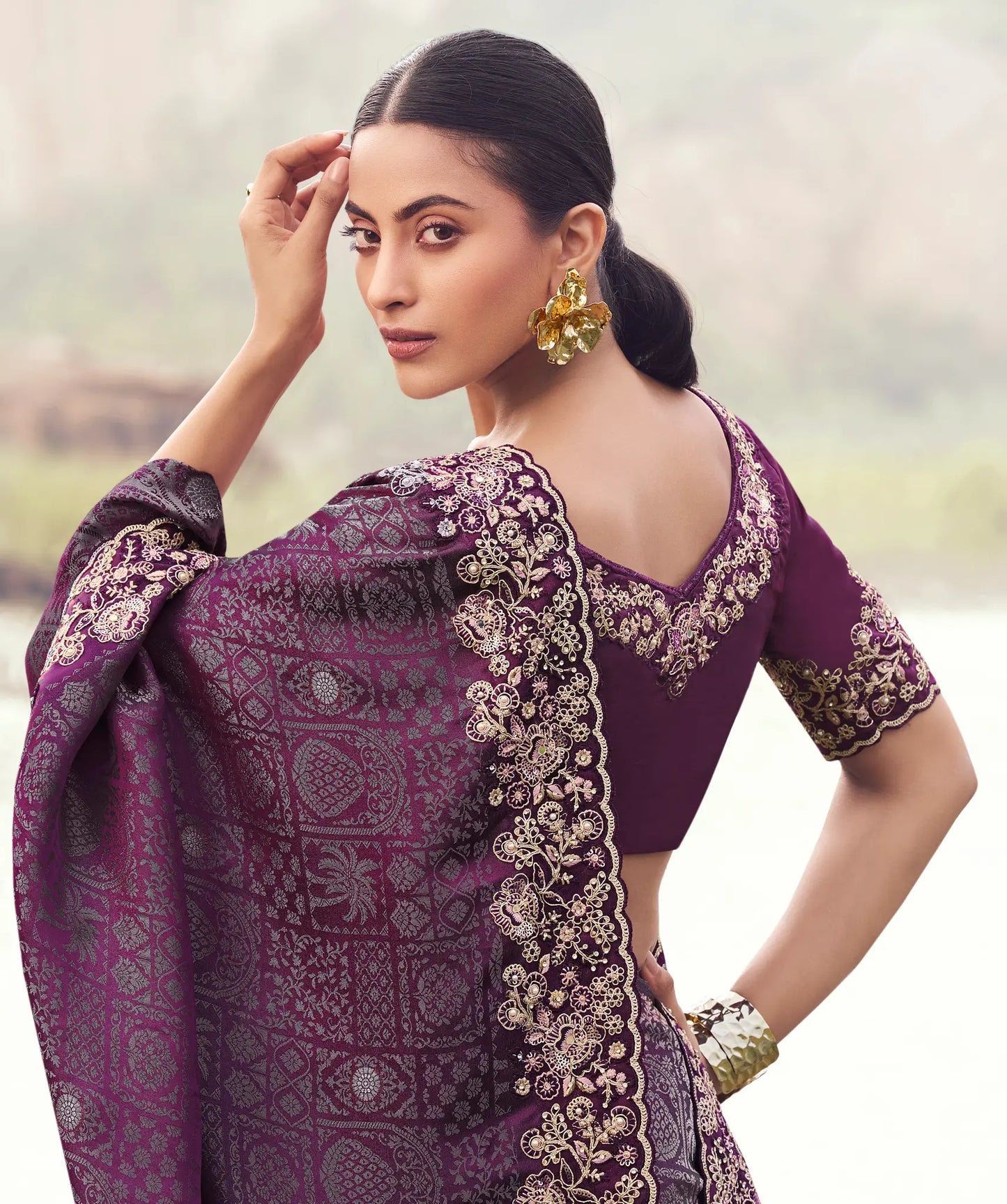 Wine Berry Silk Heavy Embroidery & Hand Work Saree