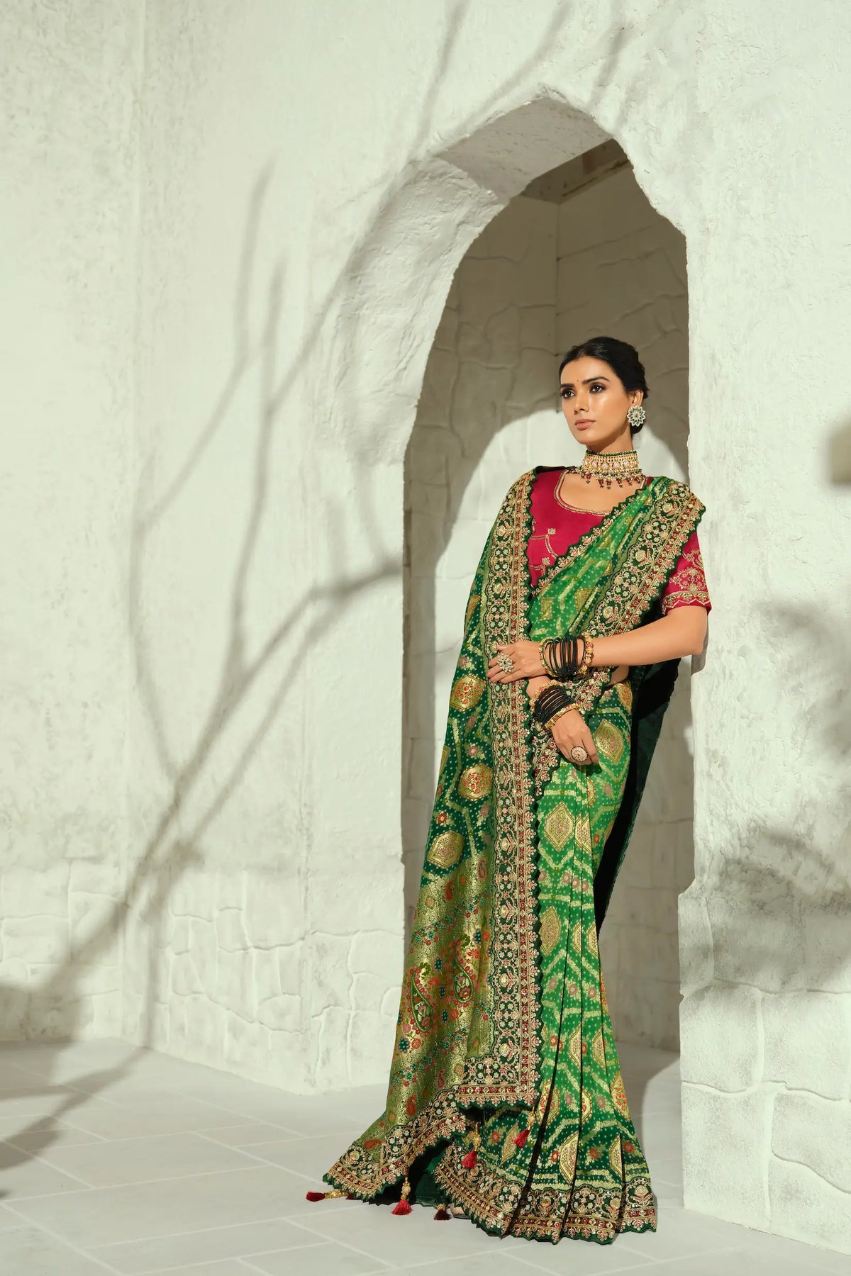 Green Georgette Heavy Bandhej Saree