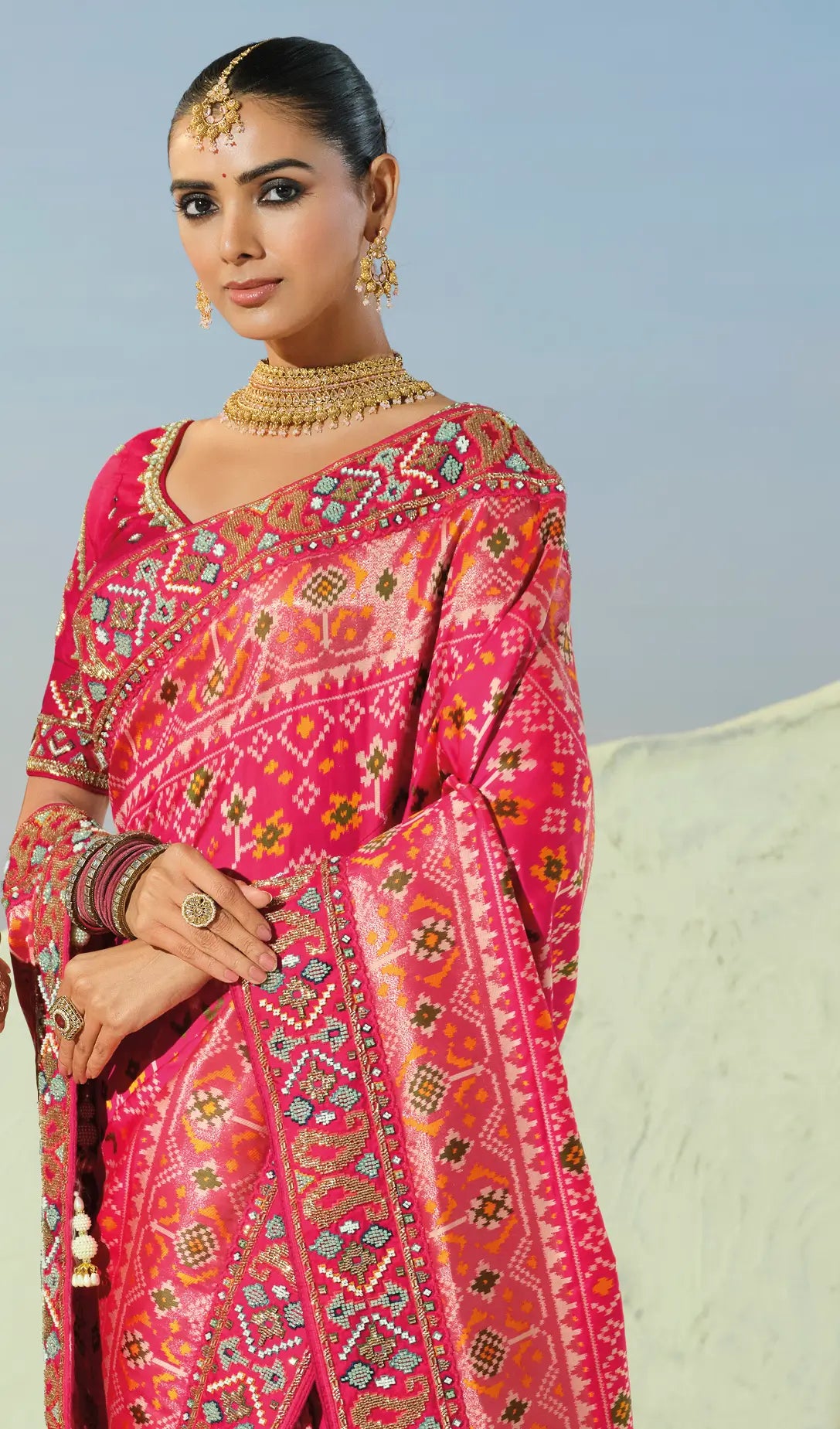 Fuchsia Pink Heavy Work Patola Saree