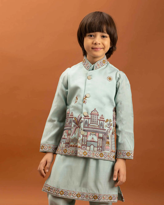 Sky Kurta Set With Thread Sequins Embroidery Work Koti