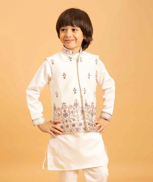 White Kurta Set With Mirror & Sequins Embroidered Koti