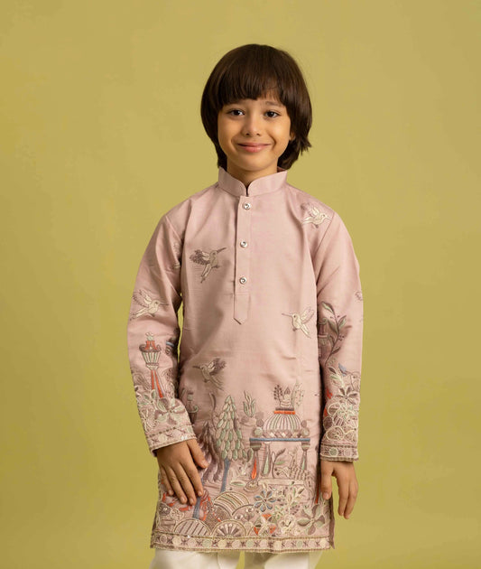 Peach Thread Sequins Embroidery Work Kids Kurta Set
