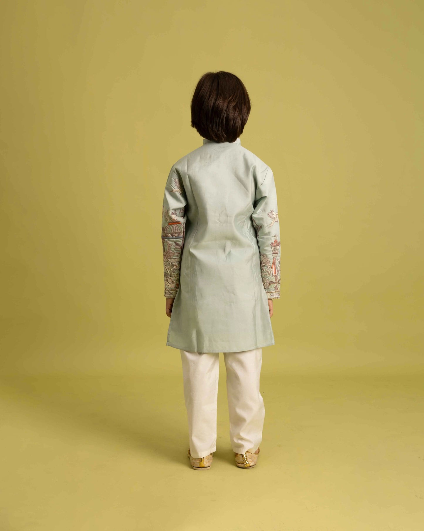 Pista Thread Sequins Embroidery Work Kids Kurta Set