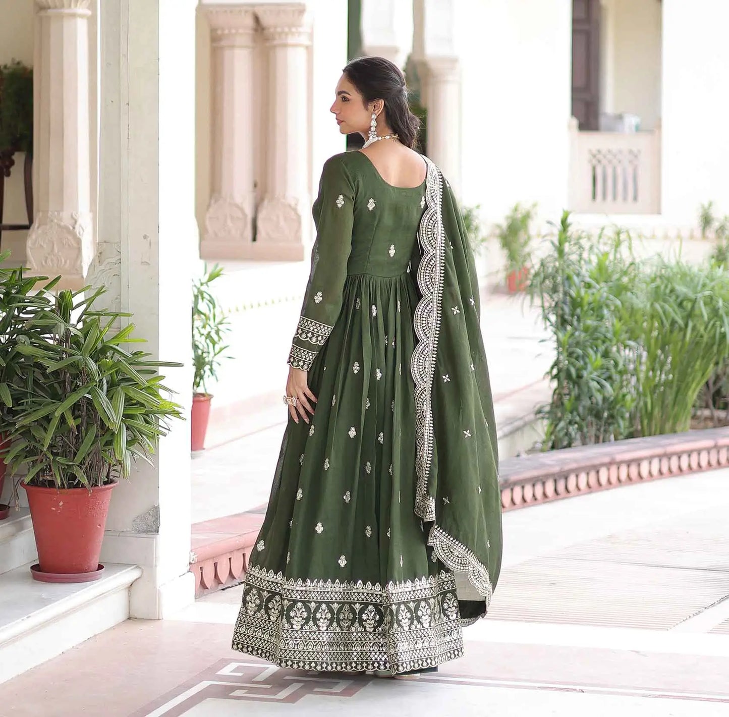Dark Green Sequins Embroidery Work Gown