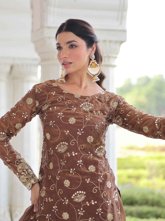 Shiny Brown Silk Sharara Suit With Embroidery Work