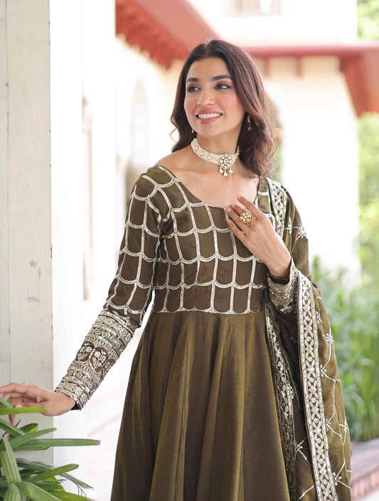 Dark Olive Sequins Embroidery Work Gown