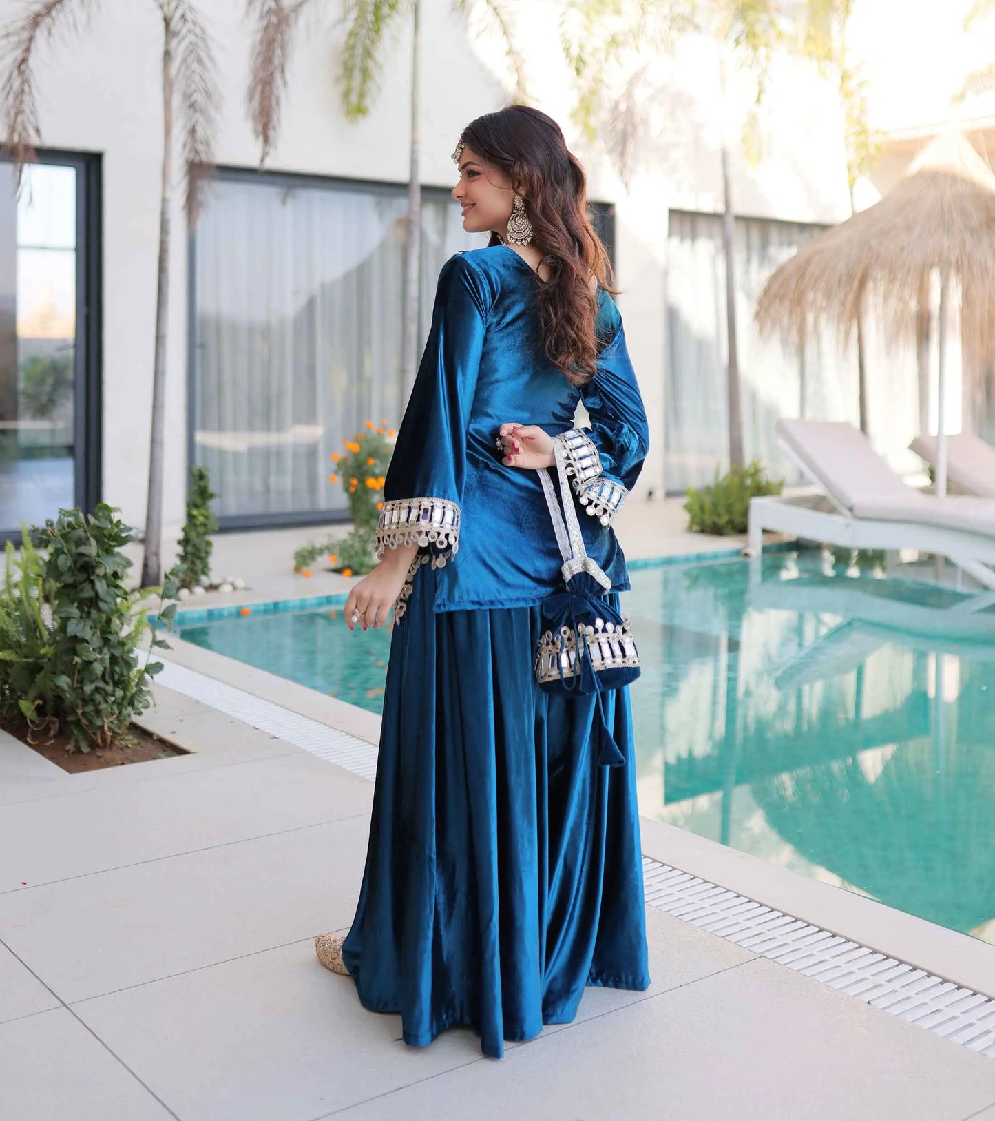 Dusk Blue Mirror Embroidery Palazzo Suit