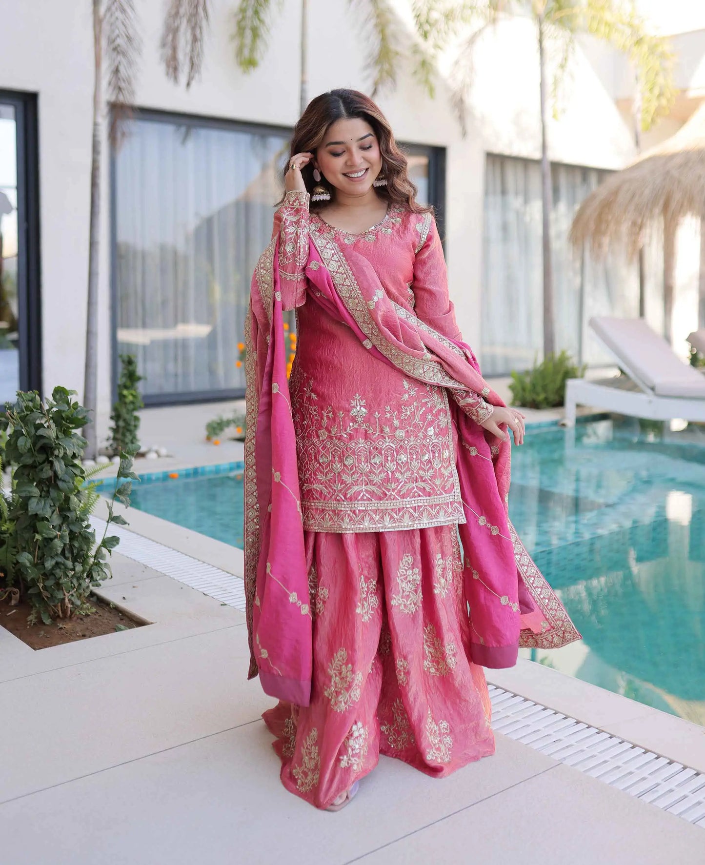 Peach Fendi Crush Embroidery Sharara Suit