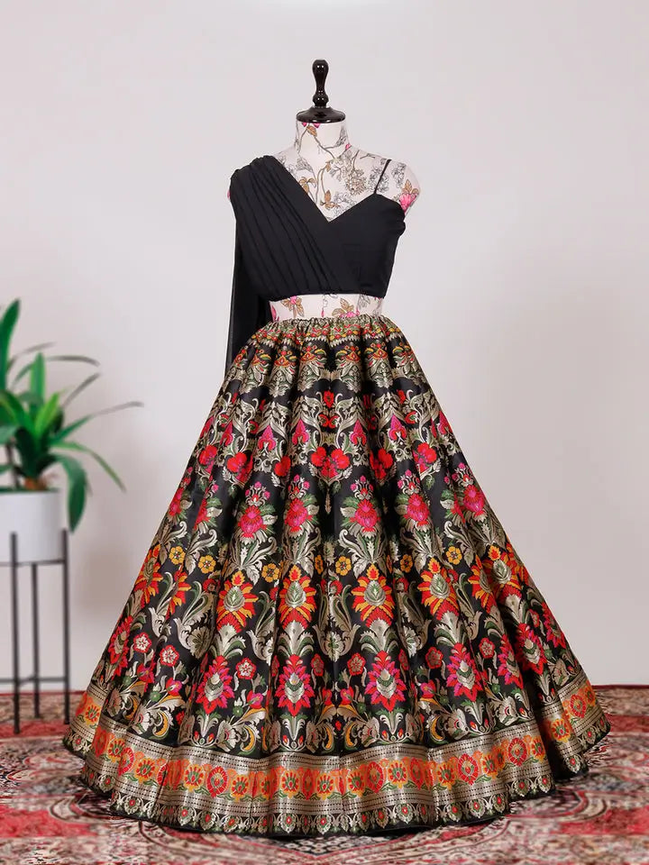 Black Banarasi Silk Crop top Lehenga Choli