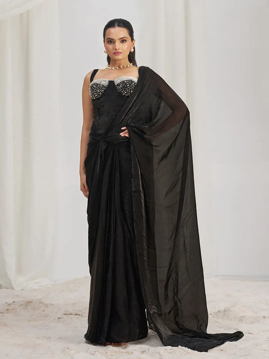 Black Organza Party Wear Saree With Handwork