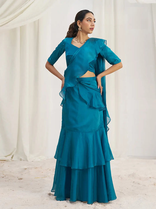 Teal Blue Organza Party Wear Saree With Handwork