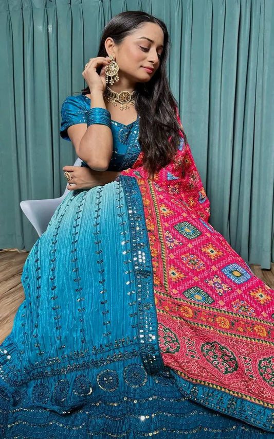 Blue Chinon Silk Thread with Sequence Embroidery Work Lehenga Choli