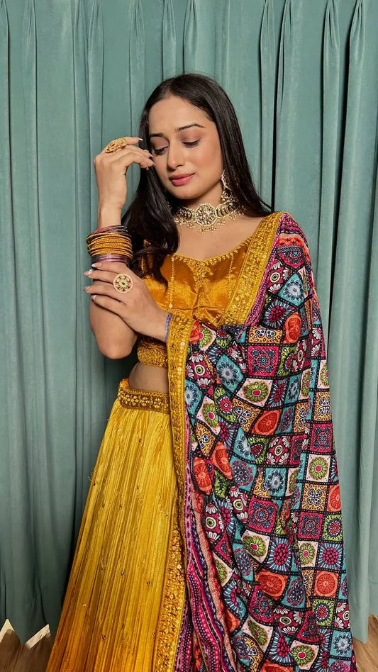 Yellow Chinon Silk Thread with Sequence Embroidery Work Lehenga Choli
