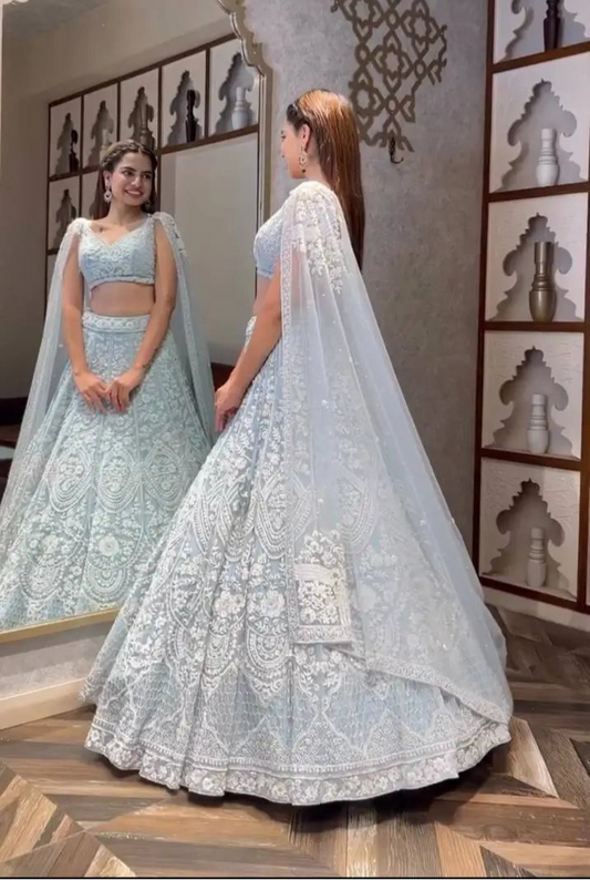Sky Blue Net Sequence & Thread Work Lehenga Choli