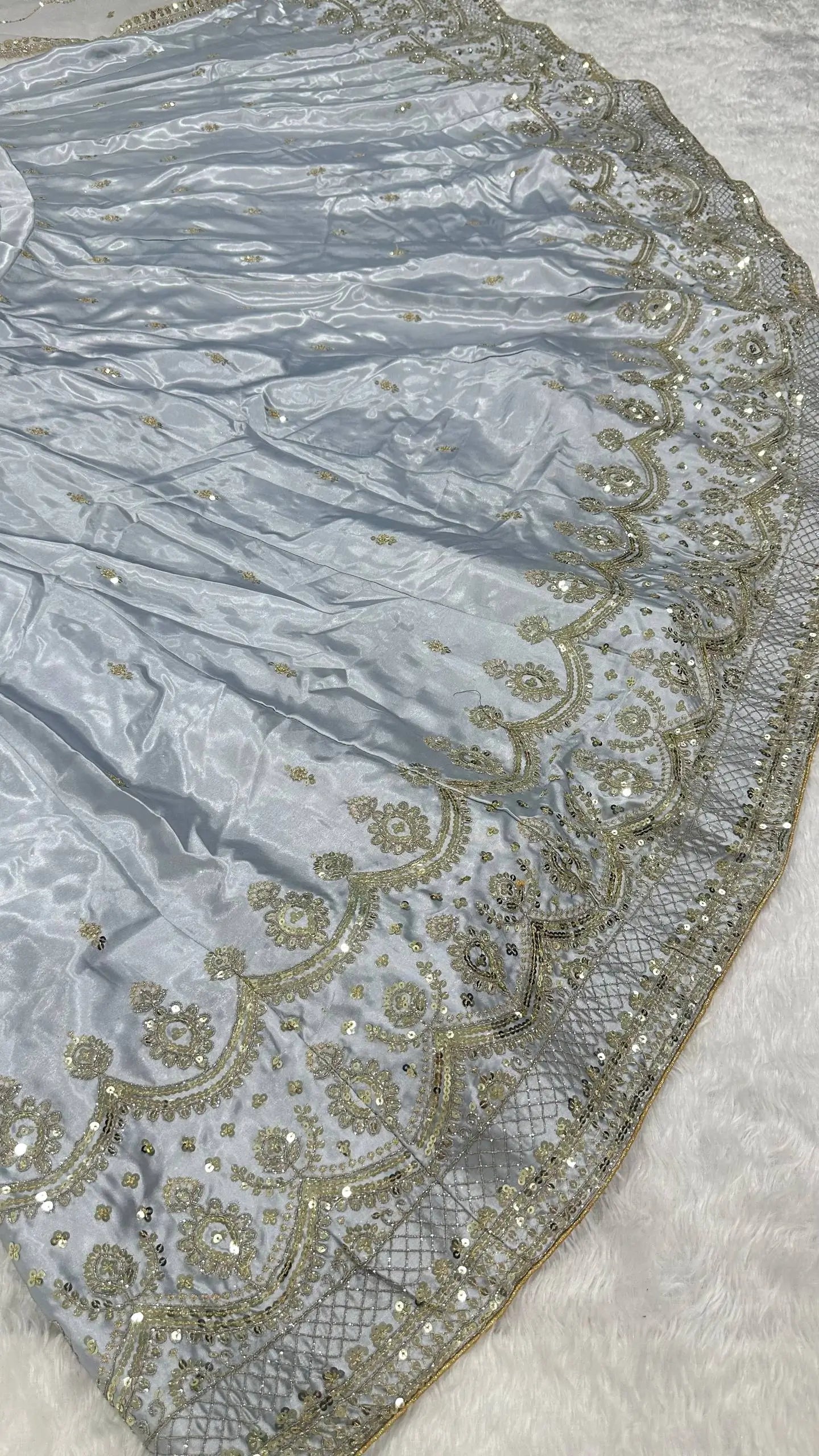 Cloud Grey Satin Silk Embroidery Lehenga Choli