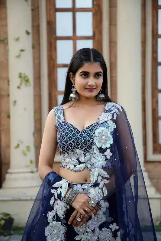 Navy Blue Kasturi Silk Lehenga Choli With Sequence & Dori Work