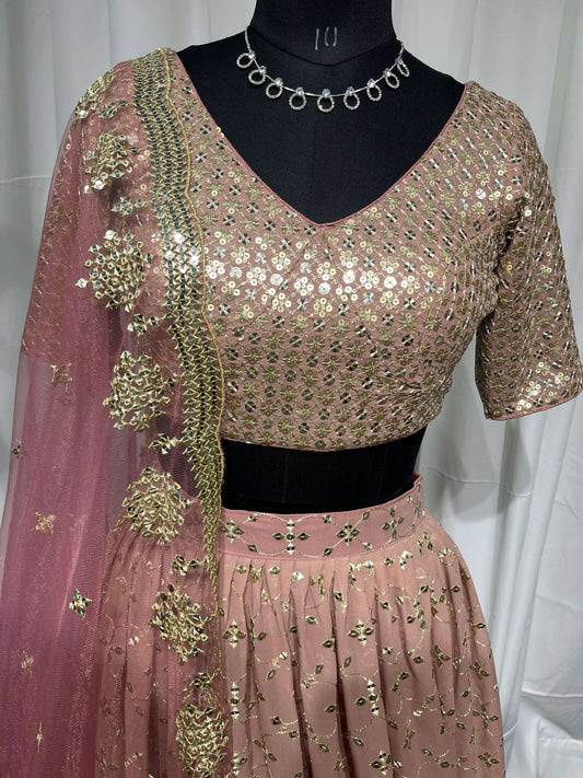 Peach To Pink Gradient Georgette Lehenga With Zari Sequins Embroidery Work