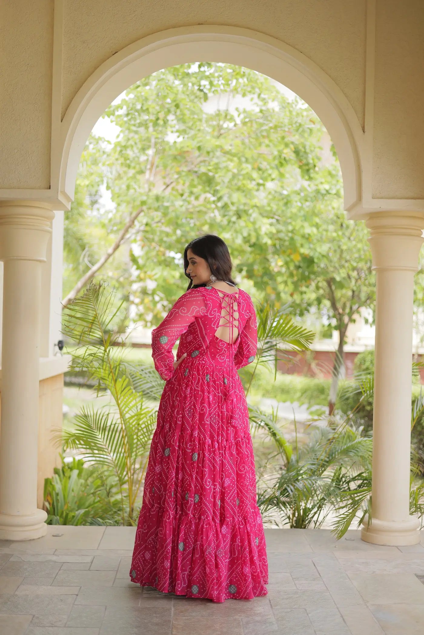 Pink Gamthi Work & Printed Navratri Gown