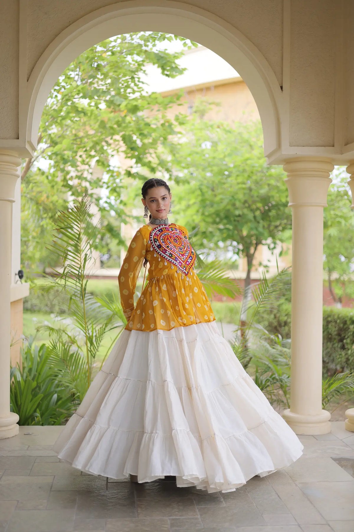 Yellow-White Garba Chaniya choli With Kutchi Patch Work